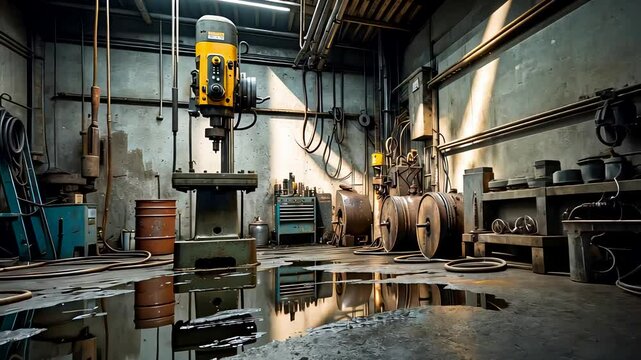 Heavy industrial workshop interior with large drill press machine and metal tools scattered on wet floor