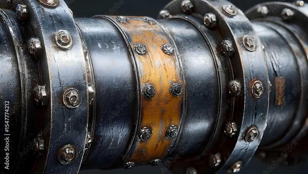 Poster close-up of a metallic pipeline showcasing detailed workmanship, highlighting the intricate design a