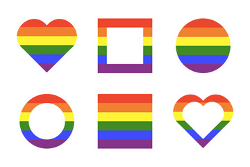 Rainbow flag backdrops. Gay pride frames. Progress Logo symbol. LGBT icons. Stickers in rainbow colors. Circle, square, heart badge, push button. Template flat design.