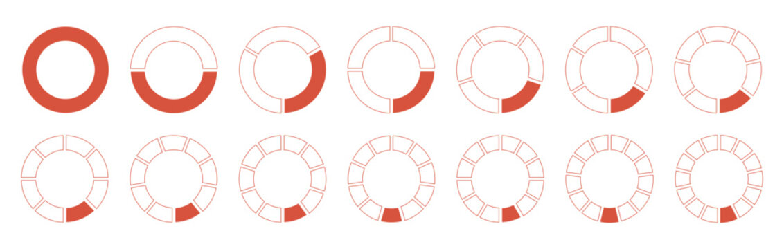 Circles divided diagrams 1, 2, 3, 10, 7, 8, 9, 10, 11, 12, 13, 14 equal parts. Pie, pizza graph shape section charts icons. Coaching blank simple template. Red segments wheel round divide infographic.