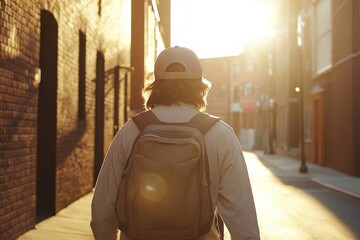 Young Person Walking through Urban Alley during Sunset Light