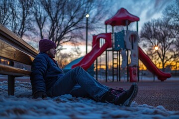Young Person Relaxing at Playground During Sunset in Winter Season