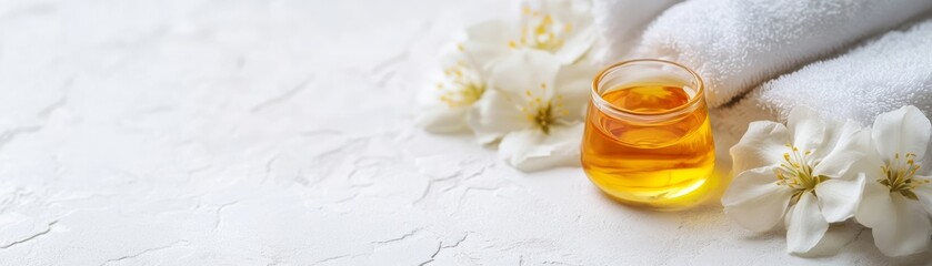 Golden Oil, White Flowers and Towel Spa Scene, aromatherapy, beauty