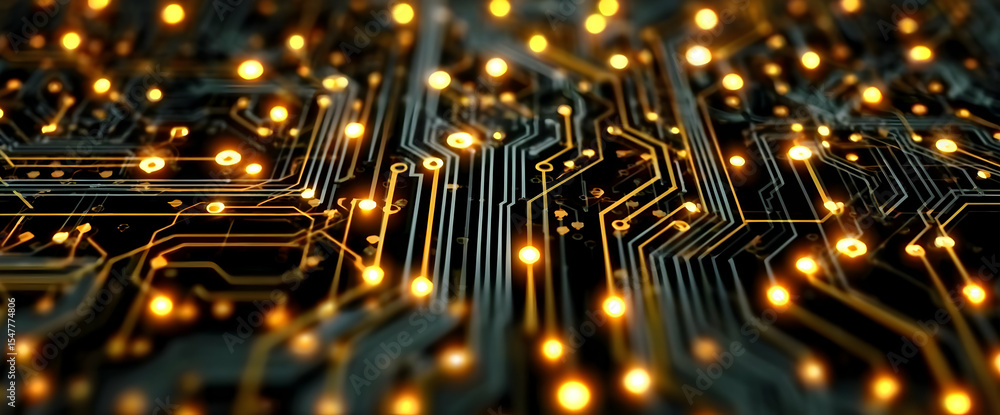Poster abstract close-up of a circuit board with illuminated connections, showcasing intricate lines and gl