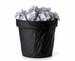 A black trash bin filled with crumpled paper, representing waste and the importance of recycling in our daily lives.