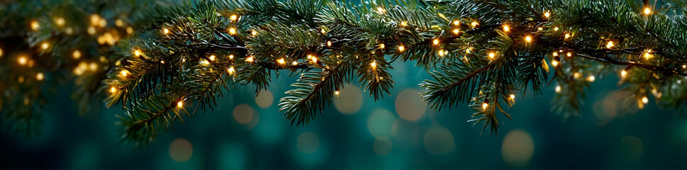 A beautifully decorated pine branch with sparkling lights, creating a festive and cozy atmosphere for the holiday season.