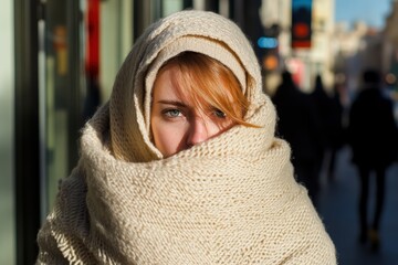 Young Woman in Warm Knit Scarf Strolling on City Street in Winter