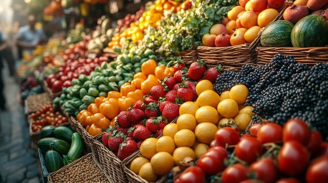 Colorful and Lively Farmers Market Stall Showcasing a Bountiful Variety of Fresh Organic Fruits and Vegetables for Sale
