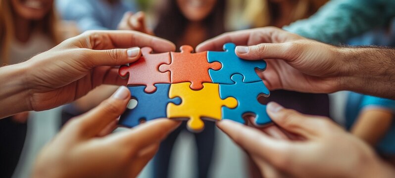 Hands of diverse people coming together to assemble a colorful jigsaw puzzle representing the concept of problem solving  The image conveys the ideas of achieving goals through cooperative effort