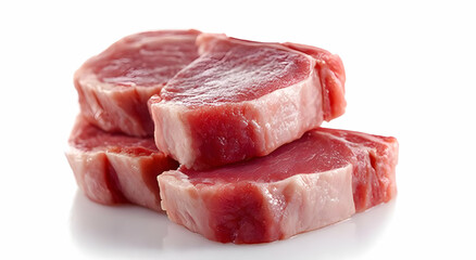 Fototapeta premium Fresh raw meat cuts stacked on a white background, ideal for culinary and recipe concepts.