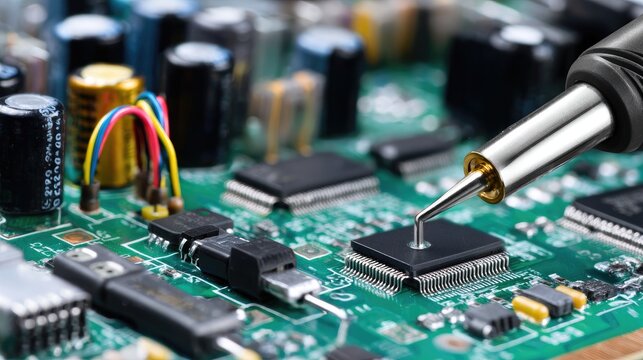 Circuit board under development with soldering iron, wires, and electronic components scattered
