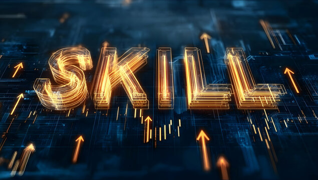 Concept of skill development with glowing text and digital background. Representing growth and innovation in the tech industry.