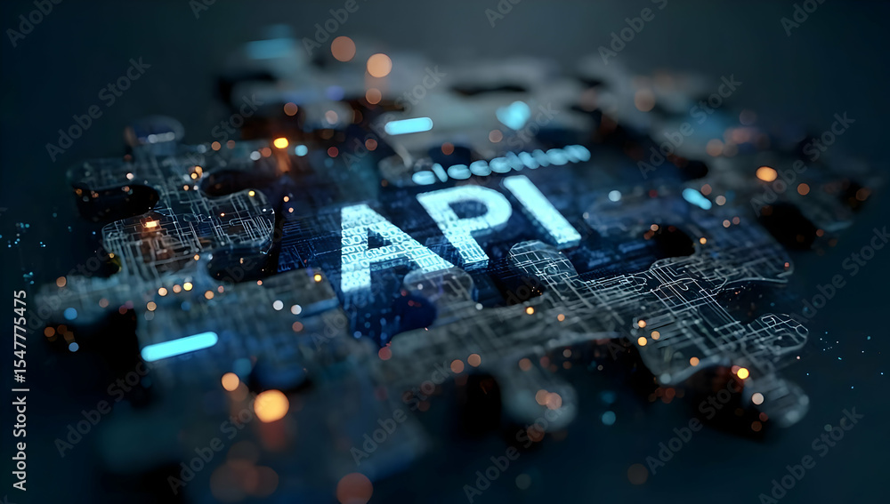 Fototapete abstract puzzle piece with glowing api text and circuit patterns, illustrating technology and connec