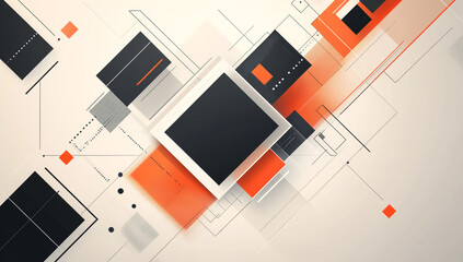 Abstract geometric background in orange, white, black, with a dark gray center square for text or logo, surrounded by various smaller squares. Modern, minimal design.
