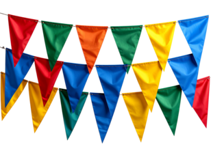 Colorful Triangular Party Flags Hanging on String, isolated on transparent background