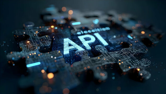 Abstract puzzle piece with glowing API text and circuit patterns, illustrating technology and connectivity in digital environments.