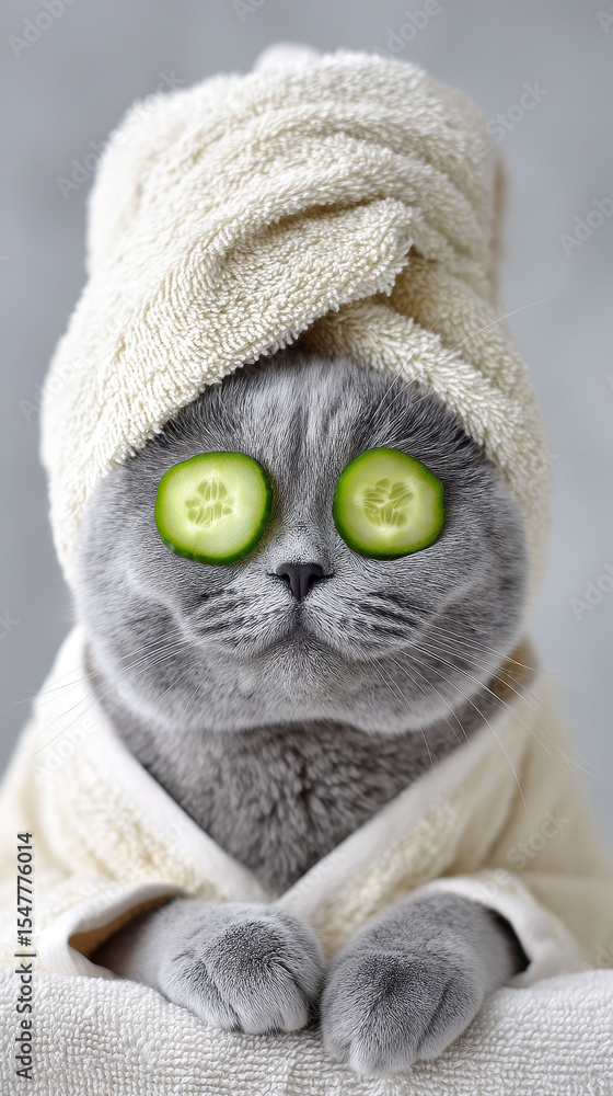 Poster gray cat wrapped in towel with cucumber slices on its eyes enjoys spa moment to relax and unwind in 