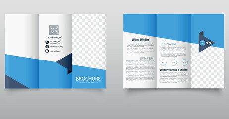 Corporate Trifold Brochure Template. Clean and professional trifold brochure design with blue accents, ideal for corporate, real estate, or business marketing purposes