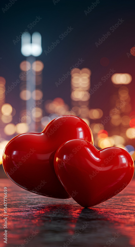 Poster two glossy red heart-shaped objects resting on a dark surface against a blurred cityscape at night. 