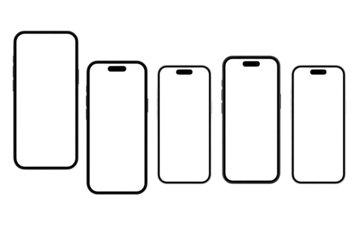Five smartphone mockups different sizes isolated on transparent background