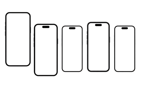 Five smartphone mockups different sizes isolated on transparent background