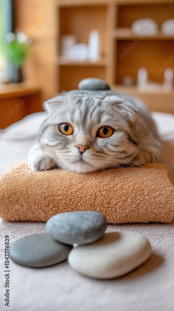Poster gray cat with amber eyes resting on towel in spa setting with smooth stones around, creating calm an