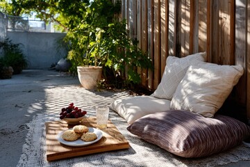 A serene outdoor space featuring comfortable cushions, fresh fruits, and a glass of water arranged on a wooden tray, inviting relaxation and enjoyment amidst nature.