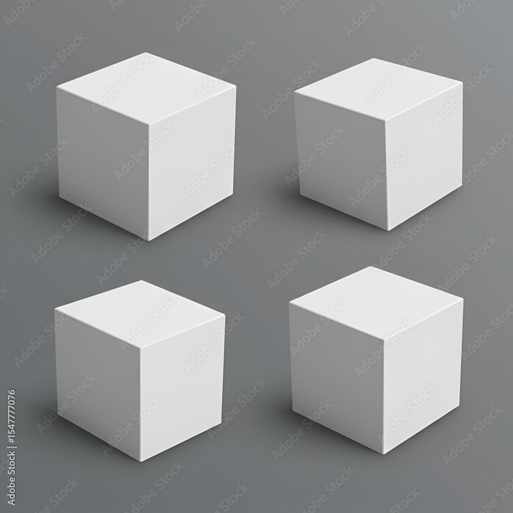 Poster four blank white cubes on a gray background. empty 3d display objects for product placement or desig