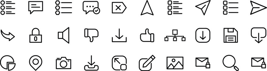 Minimalist Interface and Communication Icons – Download, Send, Lock, Thumbs, List, Media Symbols