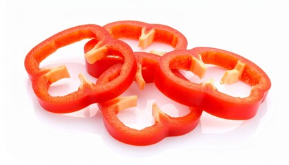 Freshly sliced red bell pepper segments arranged on white background
