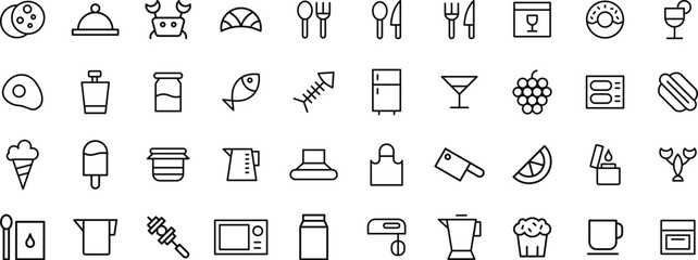 Minimalist Food & Kitchen Icon Set – Cooking, Ingredients, Utensils, Drinks, and Desserts