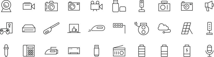 Camera, Media & Tech Line Icons pack – Electronics, Battery, USB, Smart Devices, and Tools