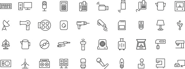 Electronic Devices & Utility Line Icons set – Tools, Power, Audio, Office, and Household Tech