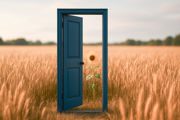 Porta aperta su campo di grano con girasole, concetto di crescita e positività