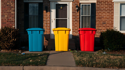 Obraz premium Three colorful trash bins-blue, yellow, and red-are lined up on a sidewalk in front of a brick house with white windows.