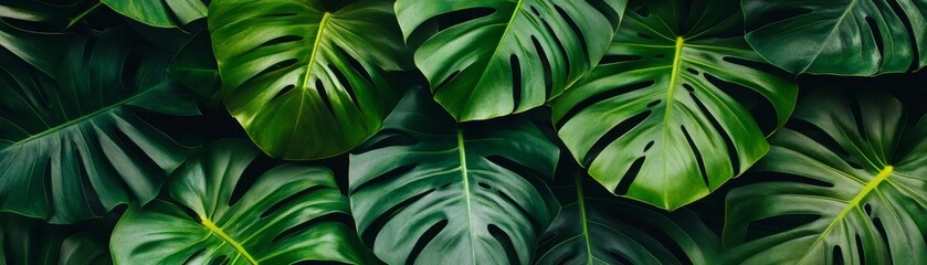 Lush Green Monstera Leaves Background, Tropical Foliage, Nature Texture, Plant Tropical Plants, Green Leaves