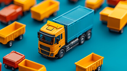 Fototapeta premium A miniature yellow and blue toy truck surrounded by multiple small orange and red toy trailers on a blue surface.