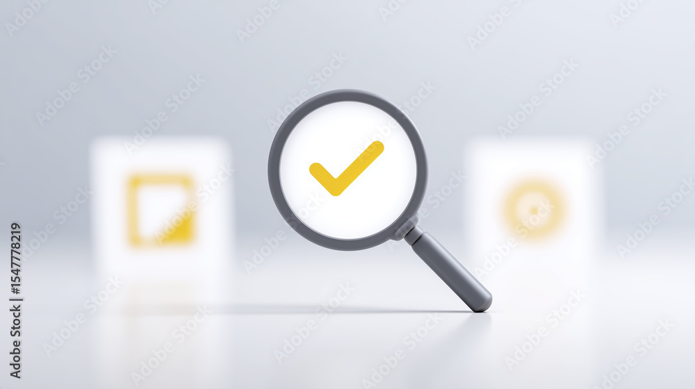 Poster magnifying glass with a yellow check mark symbolizing approval, surrounded by abstract geometric sha