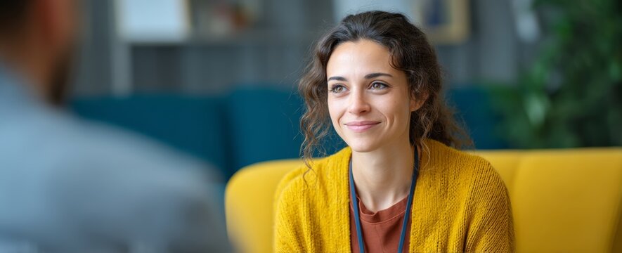 Friendly caucasian female adult smiling during professional meeting in bright office