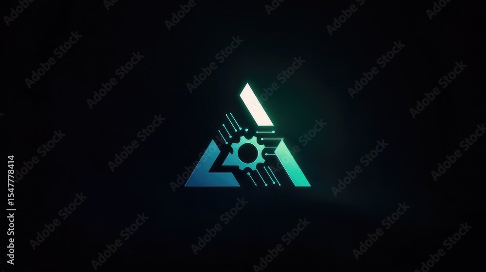 Poster geometric logo design concept with gear intersecting a circuit path for tech engineers
