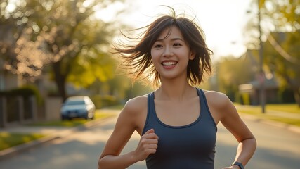 Fototapeta premium Joyful Young Asian Woman Jogging in Athletic Wear Outdoors – Full Body