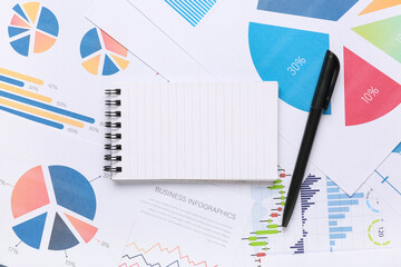 Notebook with pen, many business documents and graphics as background, closeup