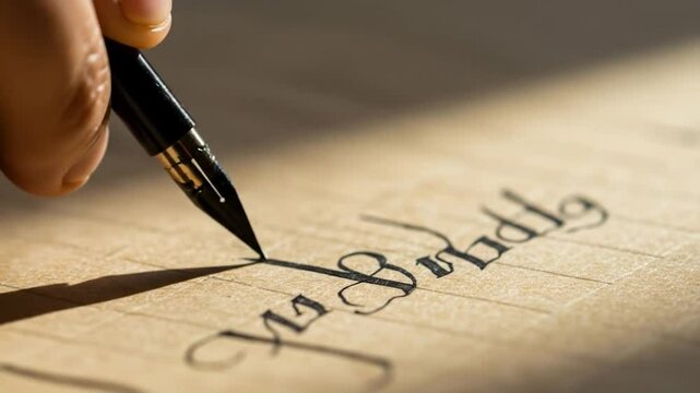 Fountain pen writing calligraphy on parchment, close-up of hand and ink flow, vintage script creation
