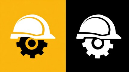 Fototapeta premium Industrial engineering logo with hard hat icon and gear wheel in stylized flat design