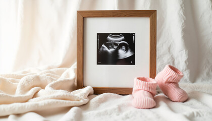 Baby ultrasound photo framed next to pink booties on soft fabric  
