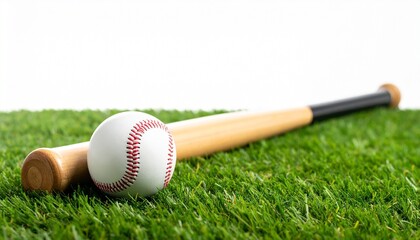 Baseball and wooden bat resting on green grass