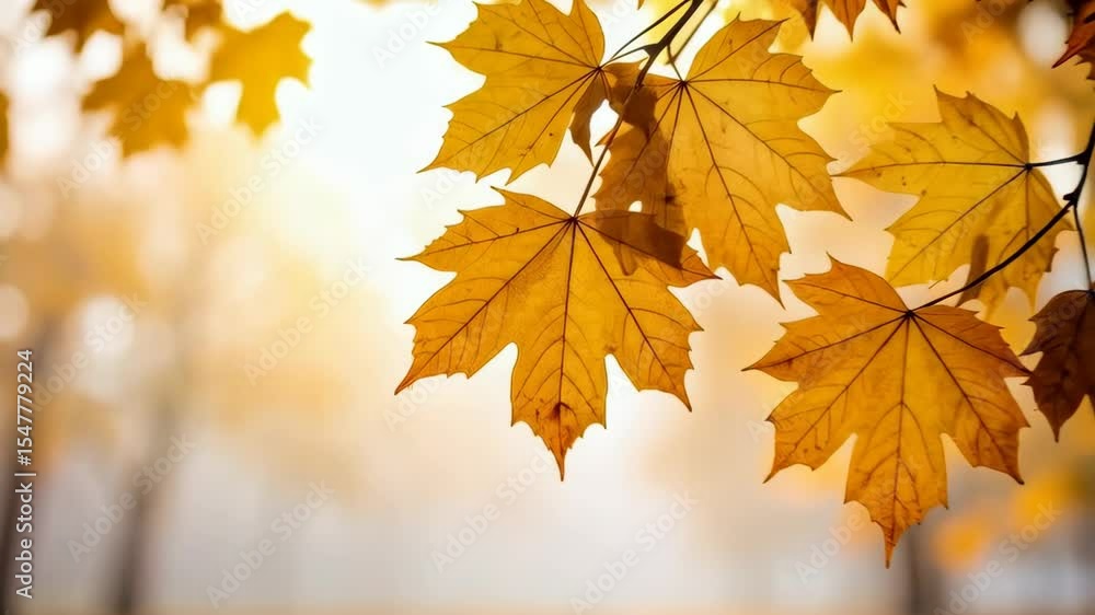 Poster golden maple leaves hanging from branch in soft diffused sunlight on an autumn day in nature, with b