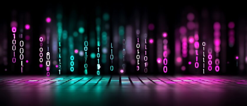 Binary code digital backdrop with vibrant neon colors
