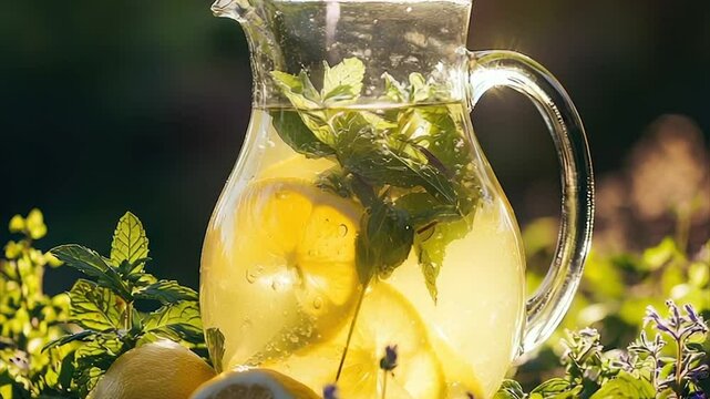 Refreshing homemade lemonade with mint in a glass pitcher, outdoors