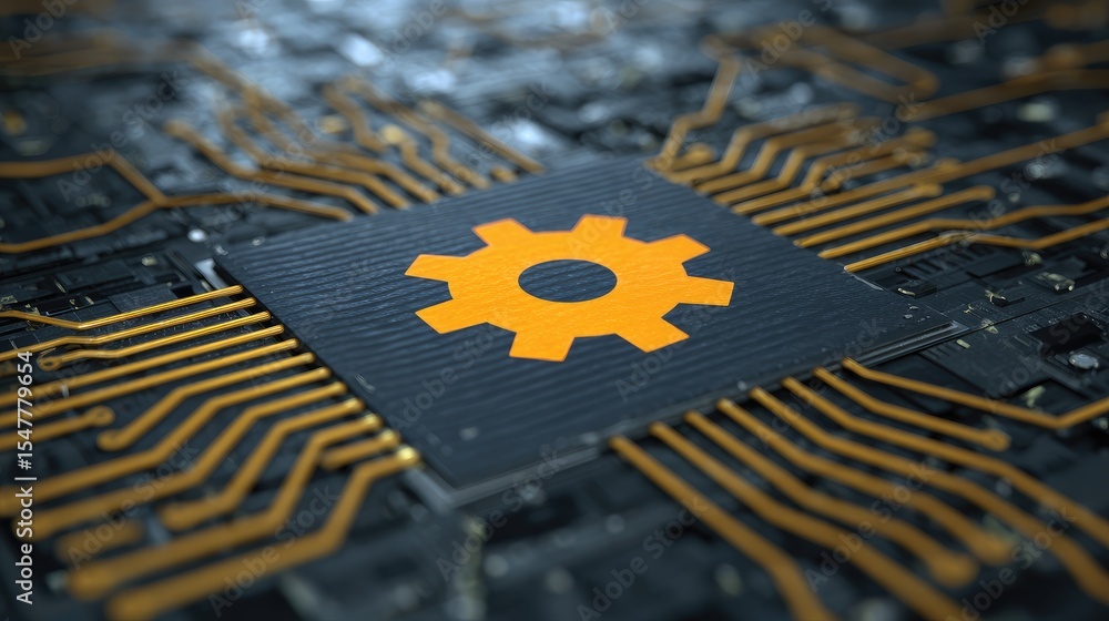 Poster logo design with cogwheel and circuit board lines for systems and automation engineering